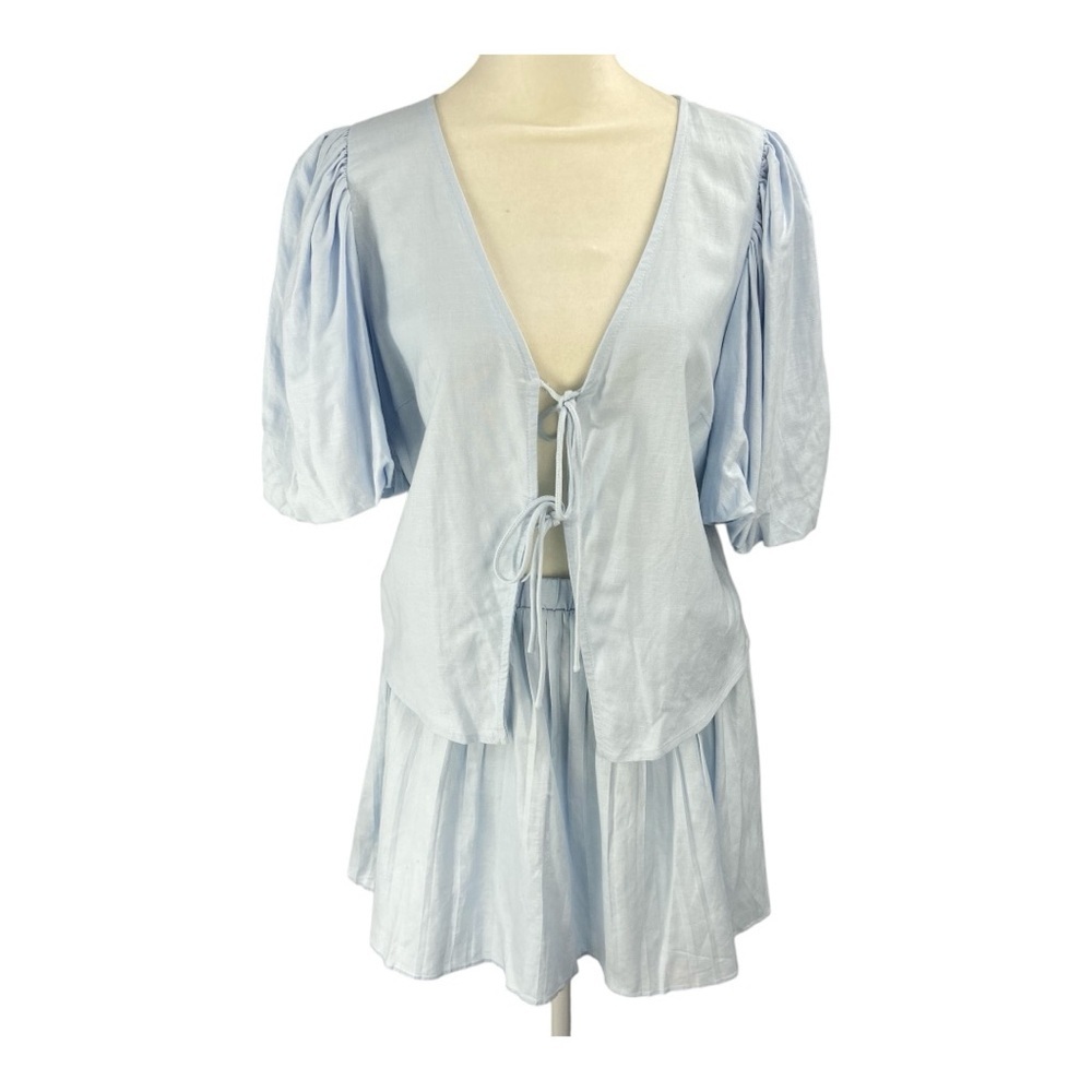 Sofie the label Linen Blend Tied Together Skirt Blouse Set Size Large Baby Blue